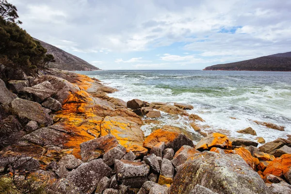 Wineglass Bay Beach Sue Rocce Lichene Arancione Una Dura Giornata — Foto Stock