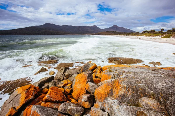 Wineglass Bay Beach Sue Rocce Lichene Arancione Una Dura Giornata — Foto Stock