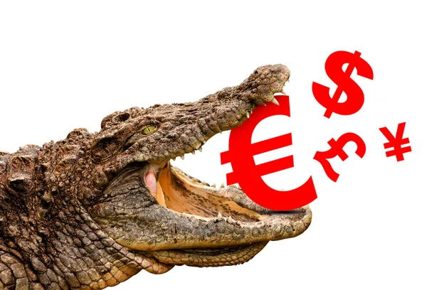 Dinero símbolos (Euro, Dólar, Libra, Yen) comido por el cocodrilo para — Foto de Stock