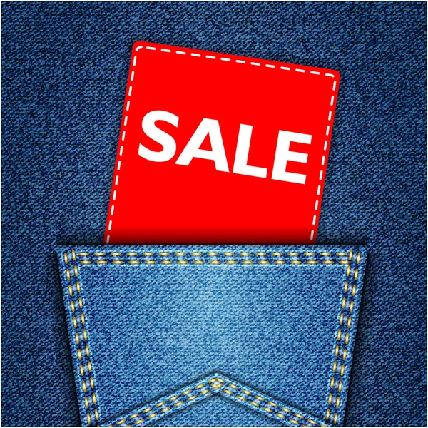 Azul volta jeans bolso realista textura jeans com venda tag — Vetor de Stock