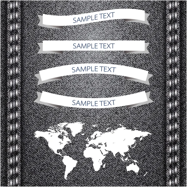 Weltkarte auf Jeans Hintergrund Textur. Vektor. — Stockvektor