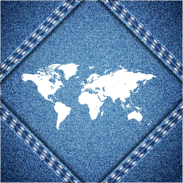 Kaart van de wereld op jeans achtergrondstructuur. vector. — Stockvector