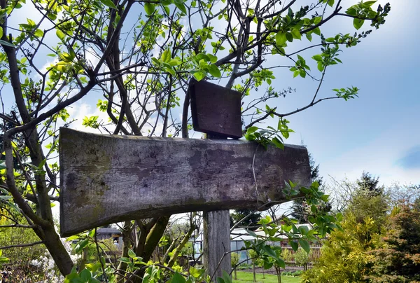 Placa de madeira no jardim, adicione seu próprio texto . — Fotografia de Stock