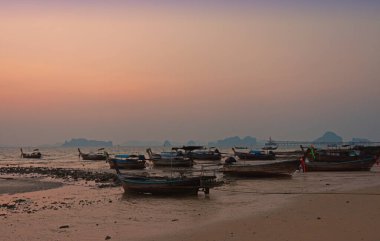 Tayland, Krabi 'de alacakaranlıkta denizin kıyısında
