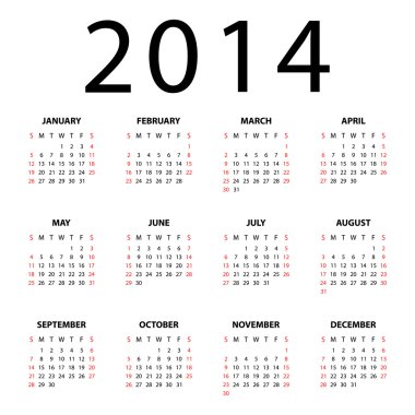 beyaz zemin üzerine 2014 için takvim.