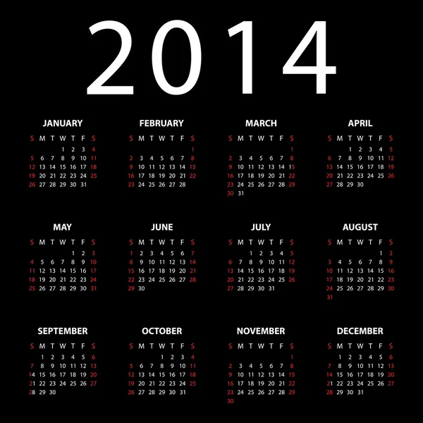 Kalender für 2014 auf schwarzem Hintergrund. — Stockvektor