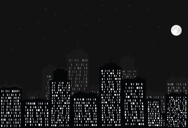gece şehir, ay ve yıldız.