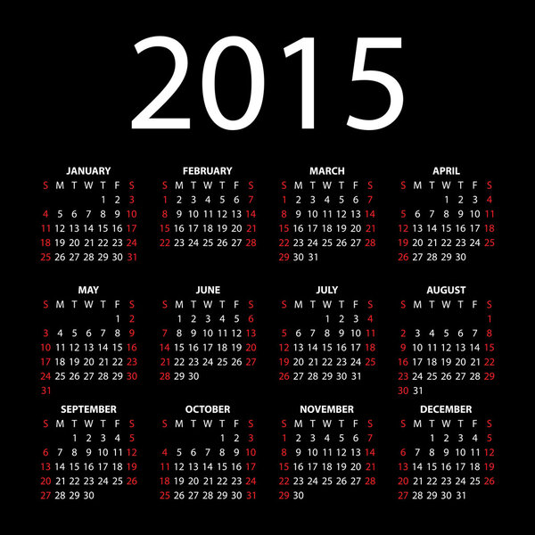 Calendar for 2015 on black background.