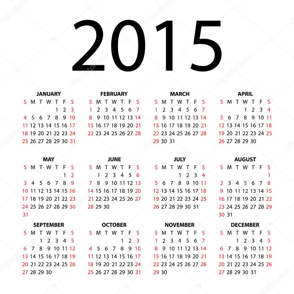 Calendar for 2015 on white background.