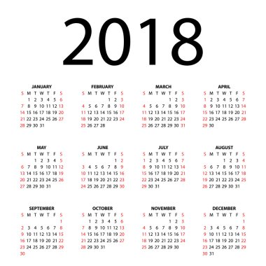 beyaz zemin üzerinde bir 2018 için takvim.