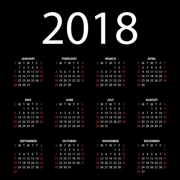 Calendrier 2018 sur fond noir . — Image vectorielle