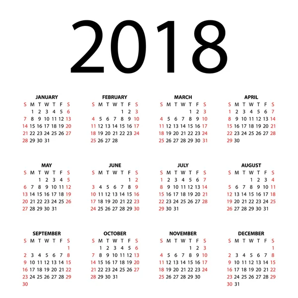 Calendar for 2018 on white background. — Stock Vector