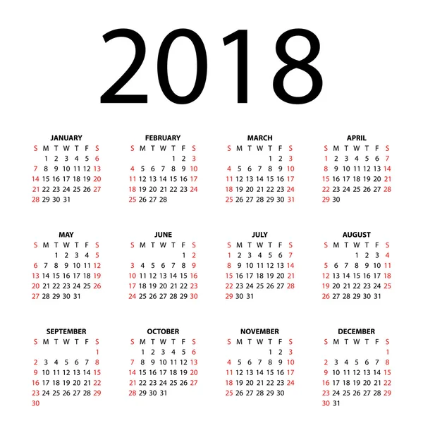Kalender für 2018 auf weißem Hintergrund. — Stockvektor