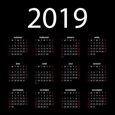 Calendar for 2019 on black background.