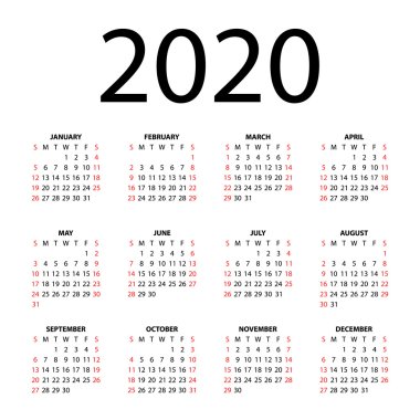 beyaz zemin üzerine 2020 için takvim.