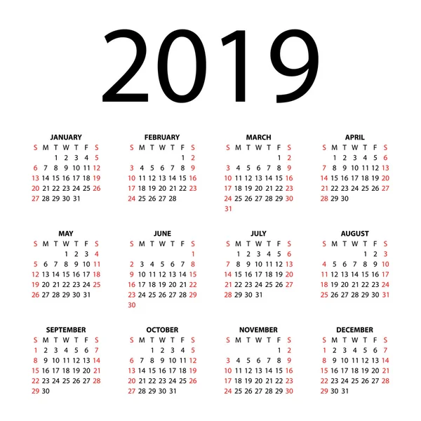 Calendar for 2019 on white background. — Stock Vector