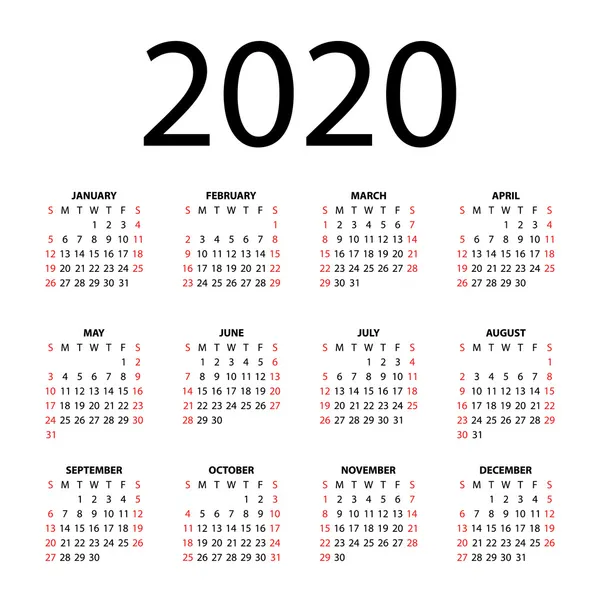 Calendar for 2020 on white background. — Stock Vector