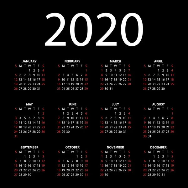 Calendar for 2020 on black background. — Stock Vector
