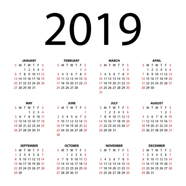 Kalender für 2019 auf weißem Hintergrund. — Stockvektor