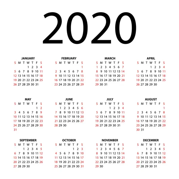Calendário para 2020 sobre fundo branco . — Vetor de Stock