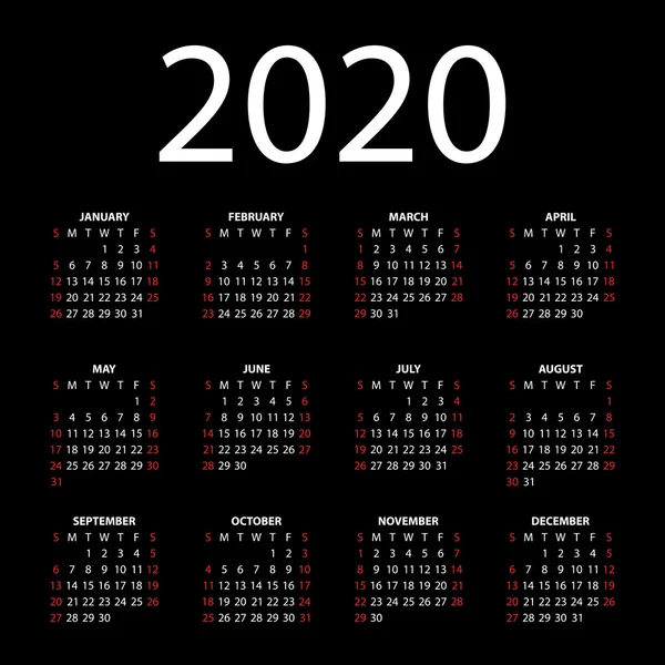 Kalender für 2020 auf schwarzem Hintergrund. — Stockvektor