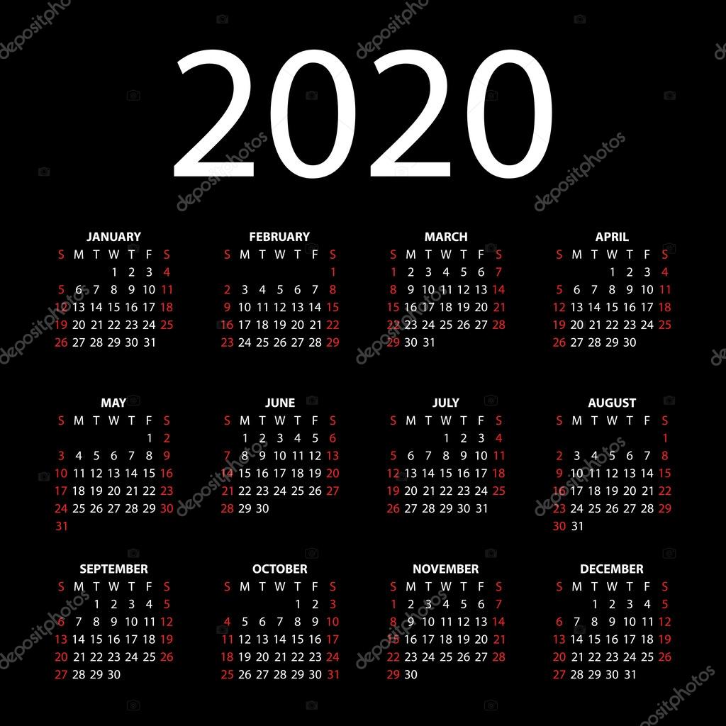 Calendar For 2020 On Black Background. Stock Vector Image By ©Aleksdemeshko  #36532655