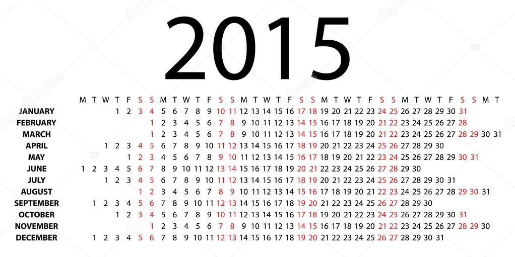 Horizontal calendar for 2015 on white background.