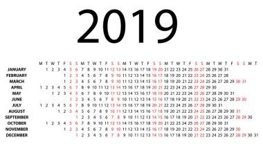 2019 beyaz yatay takvimi.