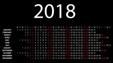 2018 siyah yatay takvimi.