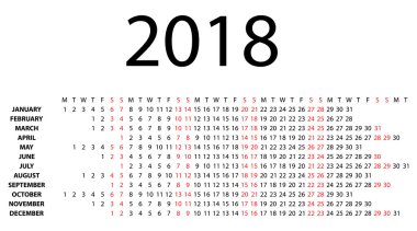 2018 beyaz yatay takvimi.