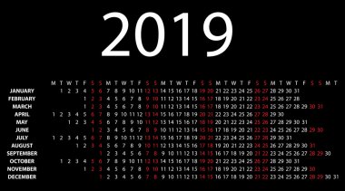 2019 siyah yatay takvimi.