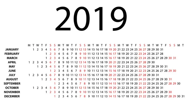 2019 ホワイト上の水平方向のカレンダー. — ストックベクタ