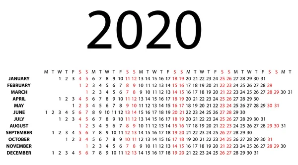 Calendario horizontal para el año 2020 en blanco. — Stock vektor