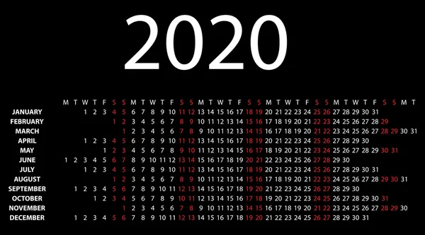 Horizontal calendar for 2020 on black. — Stock Vector