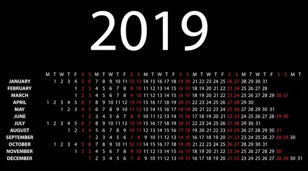 Horizontaler Kalender für 2019 auf schwarz. — Stockvektor