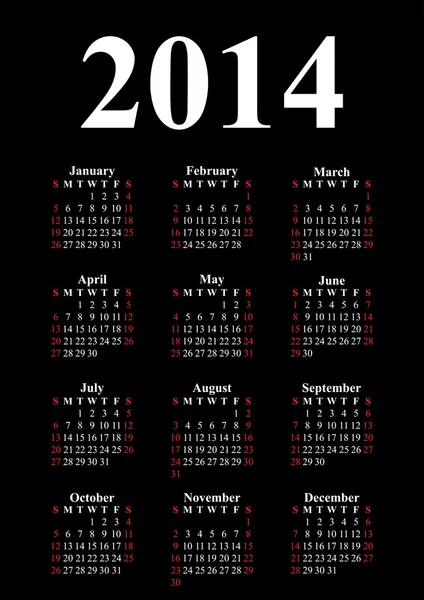 Vertikaler Kalender für 2014 auf schwarz. — Stockvektor