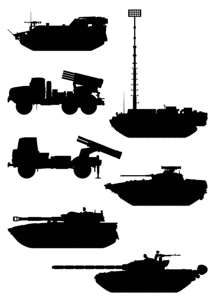 Artilleri Silhuett Vektor Ikoner Som Flera Raketsystem Och Elektronisk Krigföring — Stock vektor