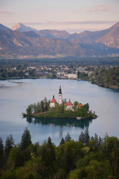 Beautiful View Sunset Bled Lake Bled Island Slovenia — Fotografia de Stock