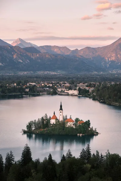 Beautiful View Sunset Bled Lake Bled Island Slovenia — Fotografia de Stock