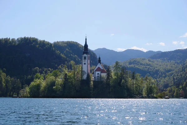 Beautiful View Sunset Bled Lake Bled Island Slovenia — Fotografia de Stock