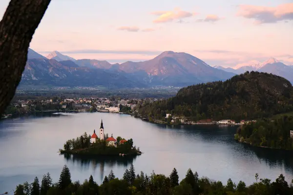 Beautiful View Sunset Bled Lake Bled Island Slovenia — стоковое фото