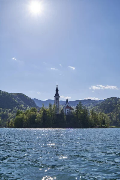Beautiful View Sunset Bled Lake Bled Island Slovenia — стоковое фото