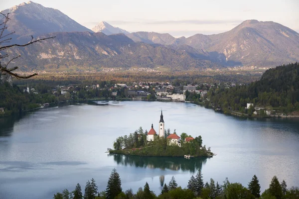 Beautiful View Sunset Bled Lake Bled Island Slovenia — стоковое фото