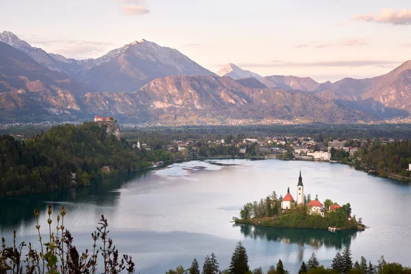 Beautiful View Sunset Bled Lake Bled Island Slovenia — стоковое фото