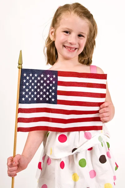 Joven chica caucásica sosteniendo una bandera americana —  Fotos de Stock