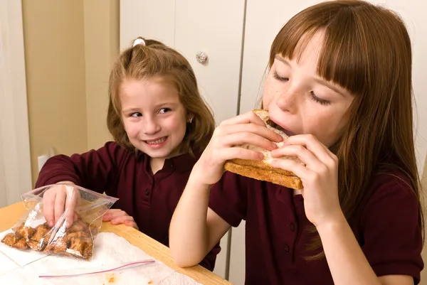 Jonge schoolmeisjes eten van een gezonde lunch — Stockfoto
