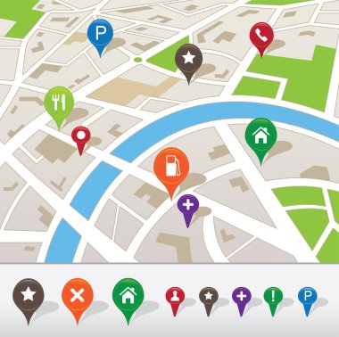 City map with navigation icons clipart