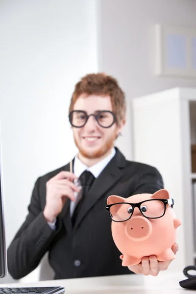 My piggybank and me: a really nice couple, aren't we? — Stock Photo, Image