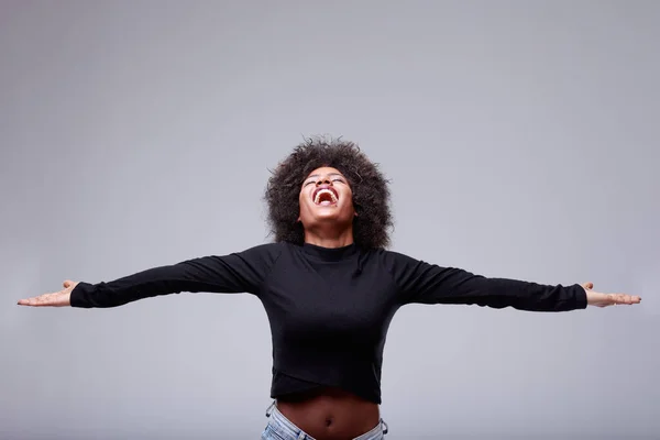 Joyful Exuberant Young Black Woman Celebrating Open Arms Her Head — Stock Photo, Image