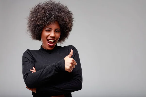 Playful Young Black Woman Winking Camera Giving Thumbs Gesture Beaming — Stock Photo, Image